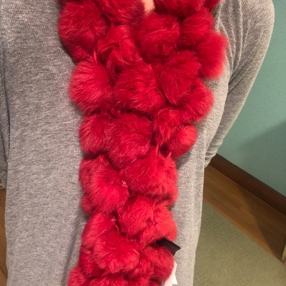 Adrienne Landau red Pom Pom scarf - Picture 2 of 3